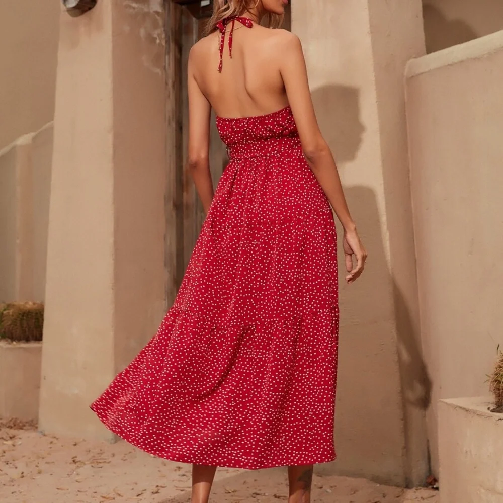 Boho Red Polka Dot Halter Midi Dress Backless - Picture 4 of 5